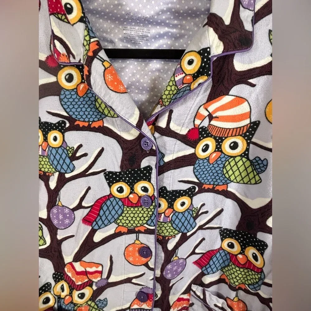 Nick & Nora Purple Owls in Hats Holiday Print Cotton Holiday Pajama Top Size L
